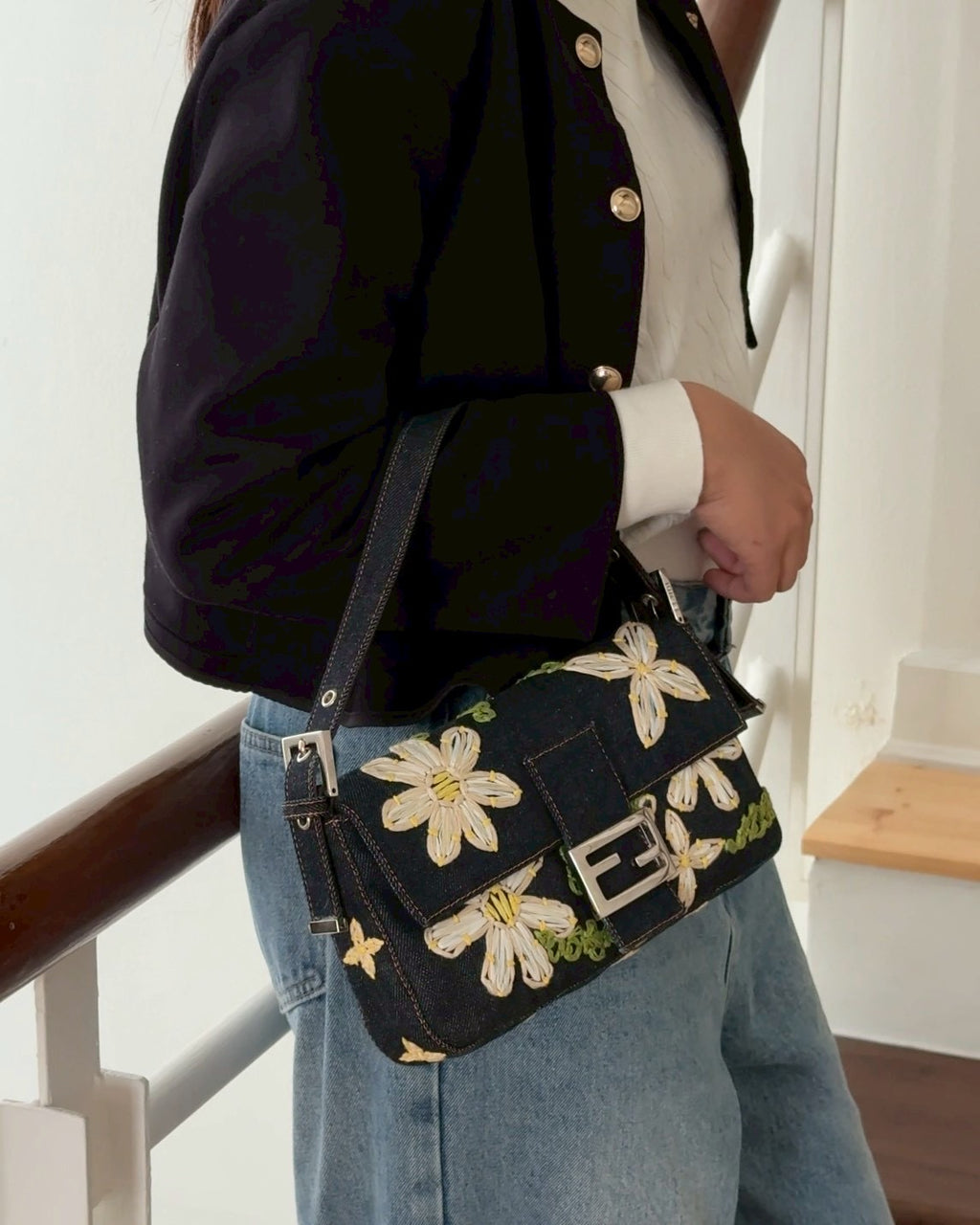 Fendi baguette flower denim