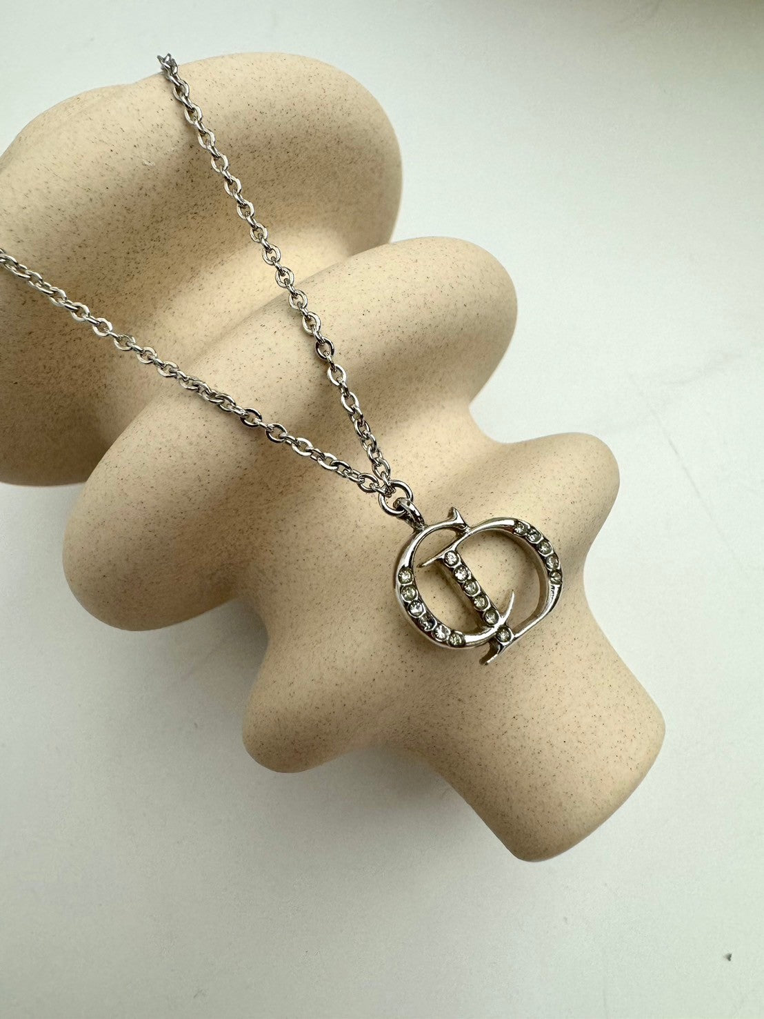 Dior CD logo crystal silver necklace