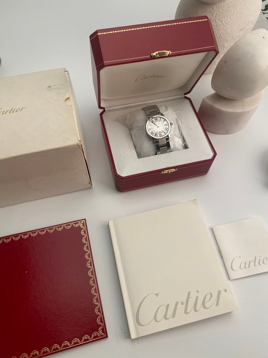 Cartier date round silver dial LM c.6159+box