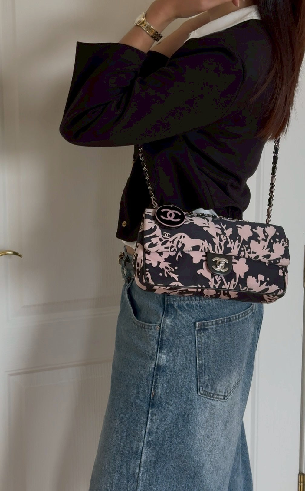 Chanel printed fabric round charm
